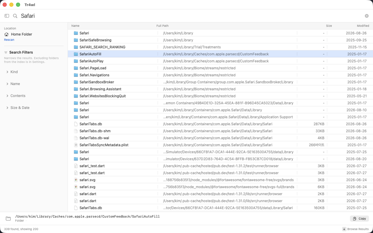 Tr4wl showing 339 results for the word Safari, including folders inside ~/Library/Containers/com.apple.Safari and ~/Library/Group Containers.