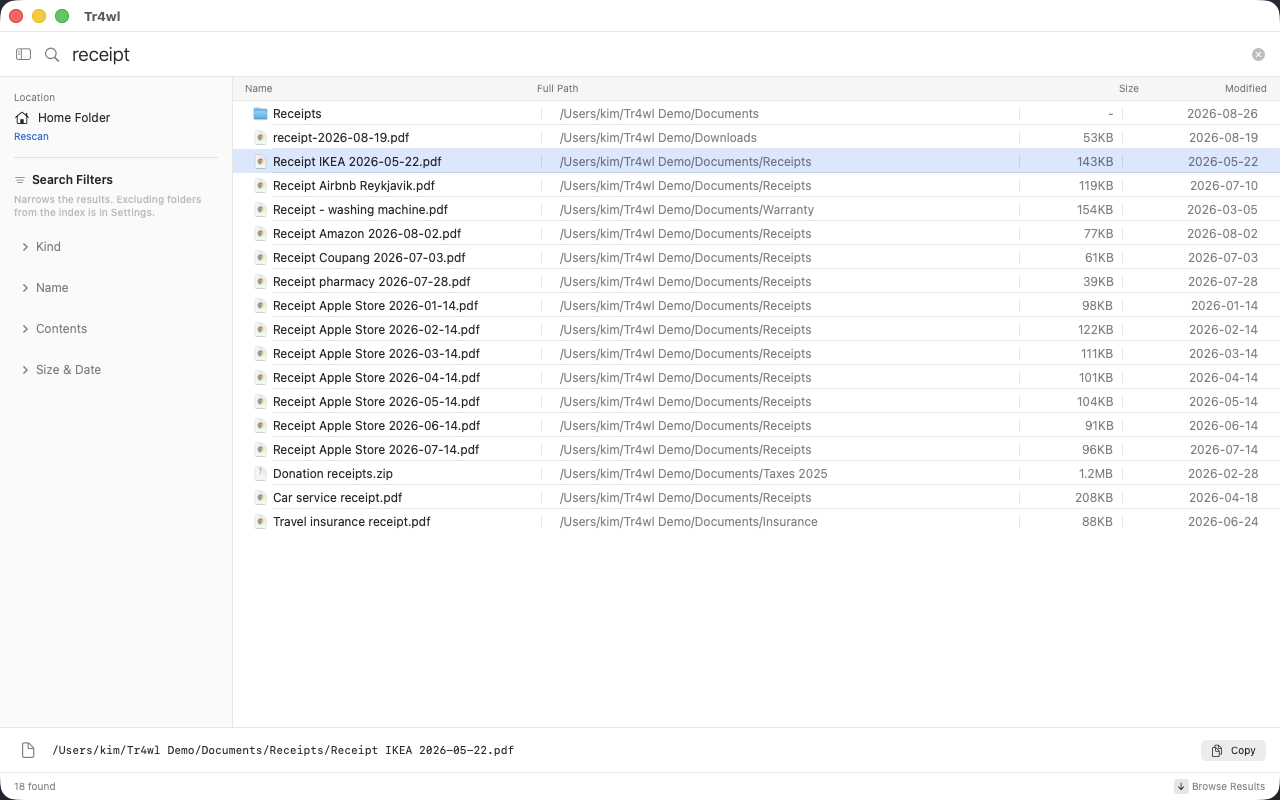 The Tr4wl window: a search for the word receipt, with results from Documents, Downloads and subfolders, showing name, full path, size and date columns.